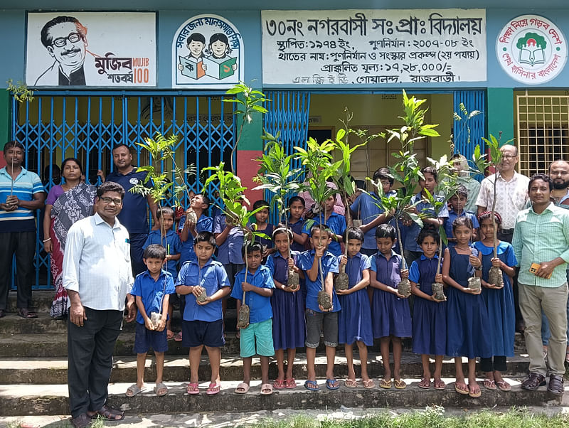 রাজবাড়ীতে ফলদ, বনজ ও ঔষধি গাছের চারা রোপণের পাশাপাশি শিক্ষার্থীদের মধ্যে বিতরণও করা হয়। গতকাল গোয়ালন্দ উপজেলার নগরবাসী সরকারি প্রাথমিক বিদ্যালয়